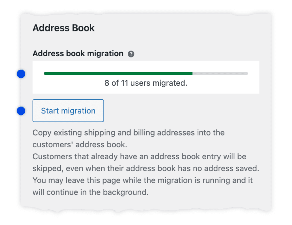 Screenshot showing the admin user interface to migrate addresses saved from WooCommerce to the address book feature