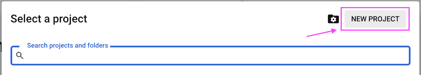 Popup screen "Select a project" showing the location of the option "New project".