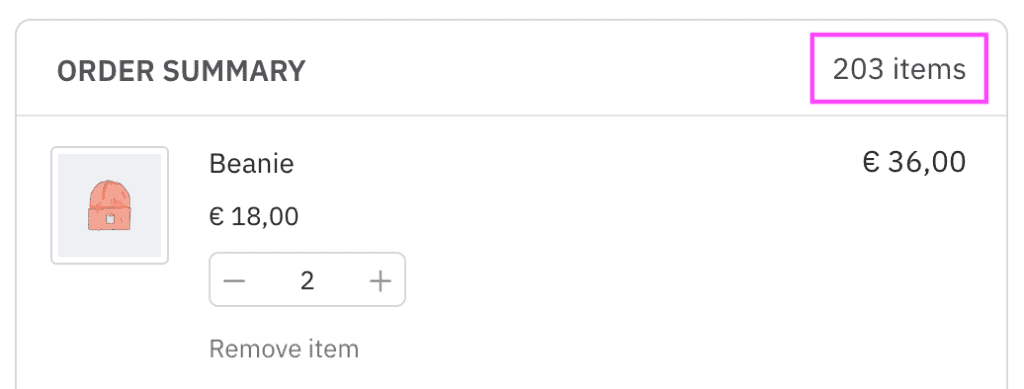Screenshot of the order summary section showing the total items quantity.