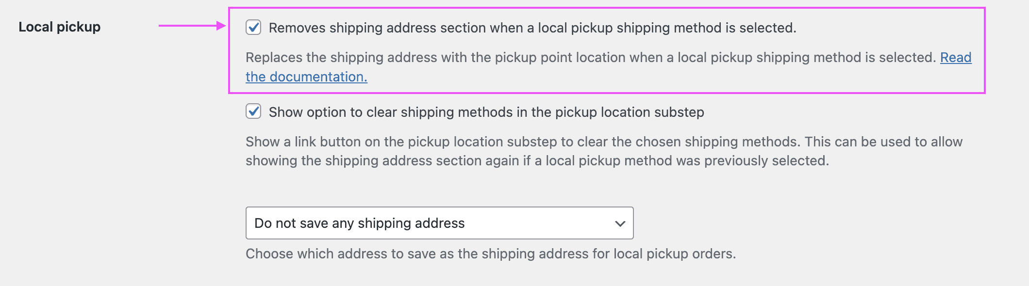Screenshot of the Local
Pickup feature in the plugin settings, highlighting the option to enable this feature.