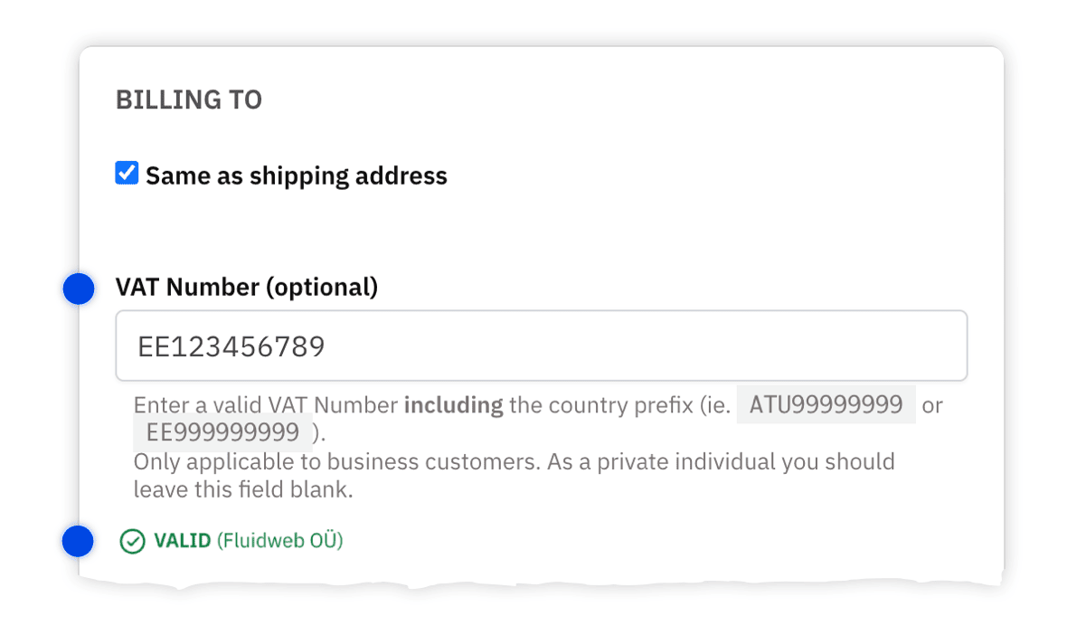 VAT Number field with EU VAT validation.