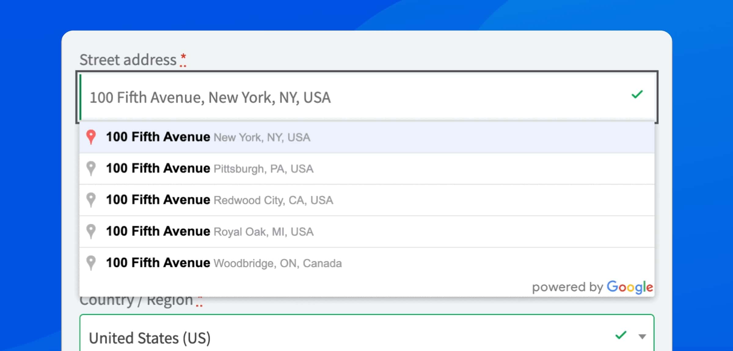 Screenshot of the address suggestions with the Google Maps address autocomplete widget open.