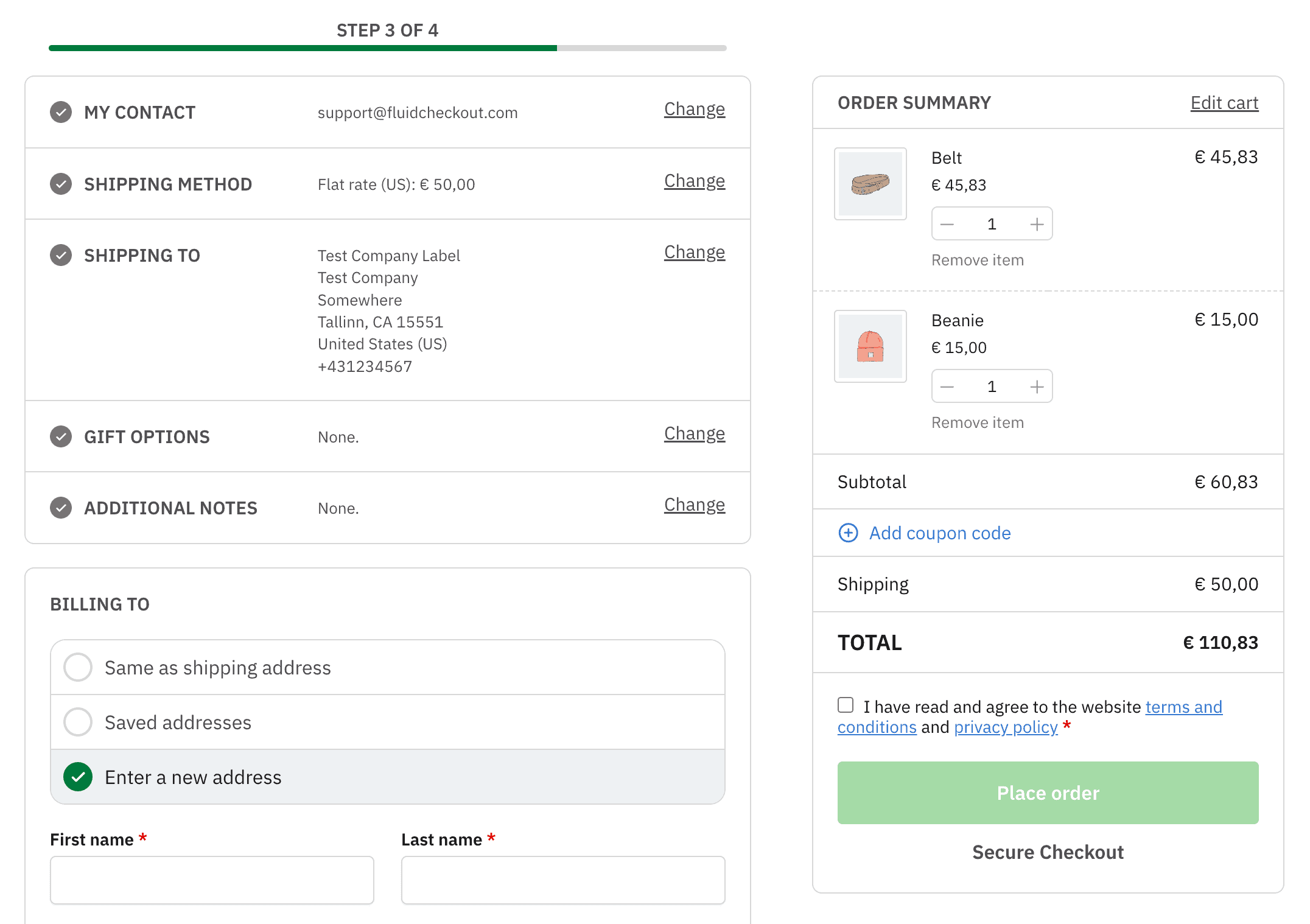 Screenshot of the checkout page showing the design template Classic.