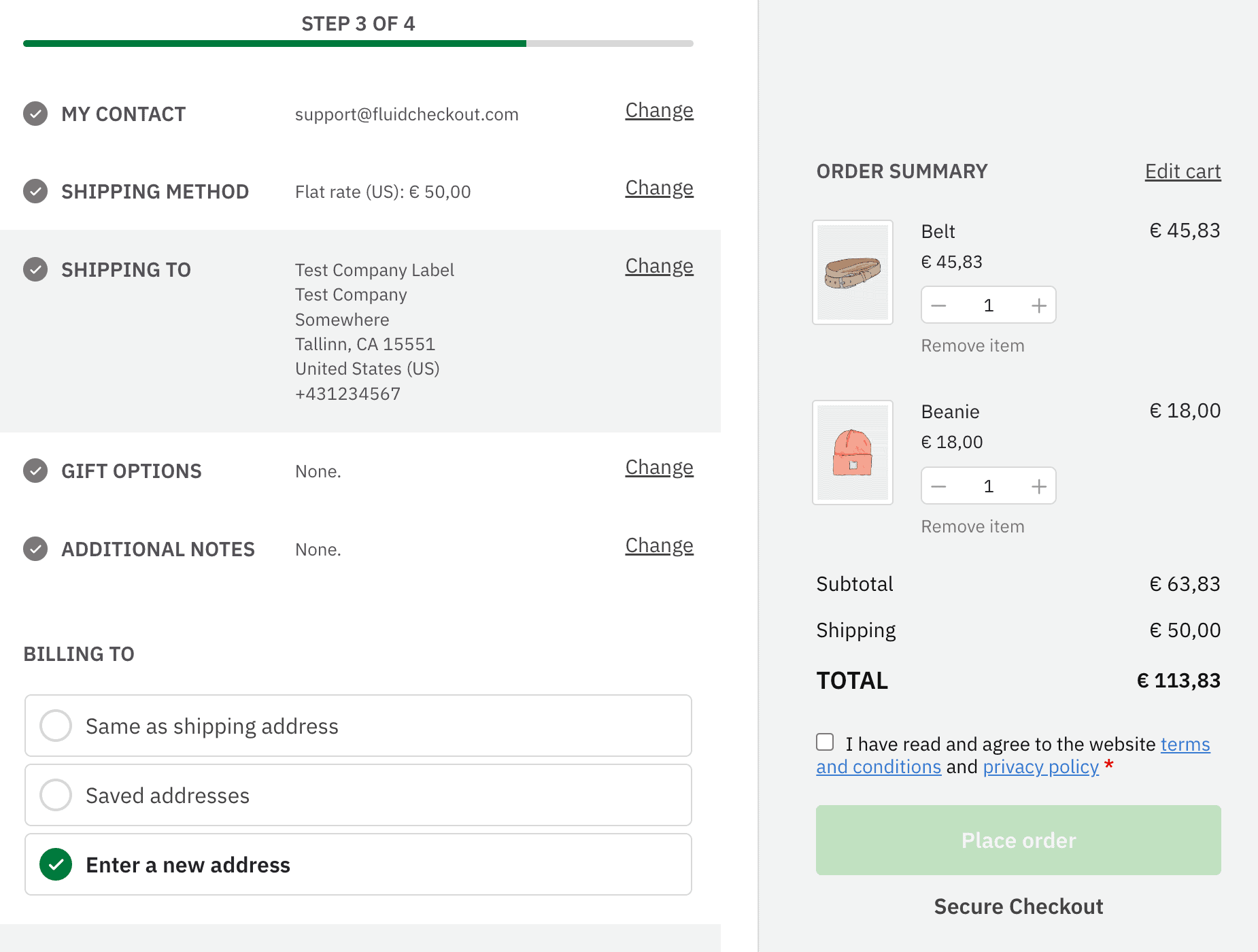 Screenshot of the checkout page showing the design template Split.